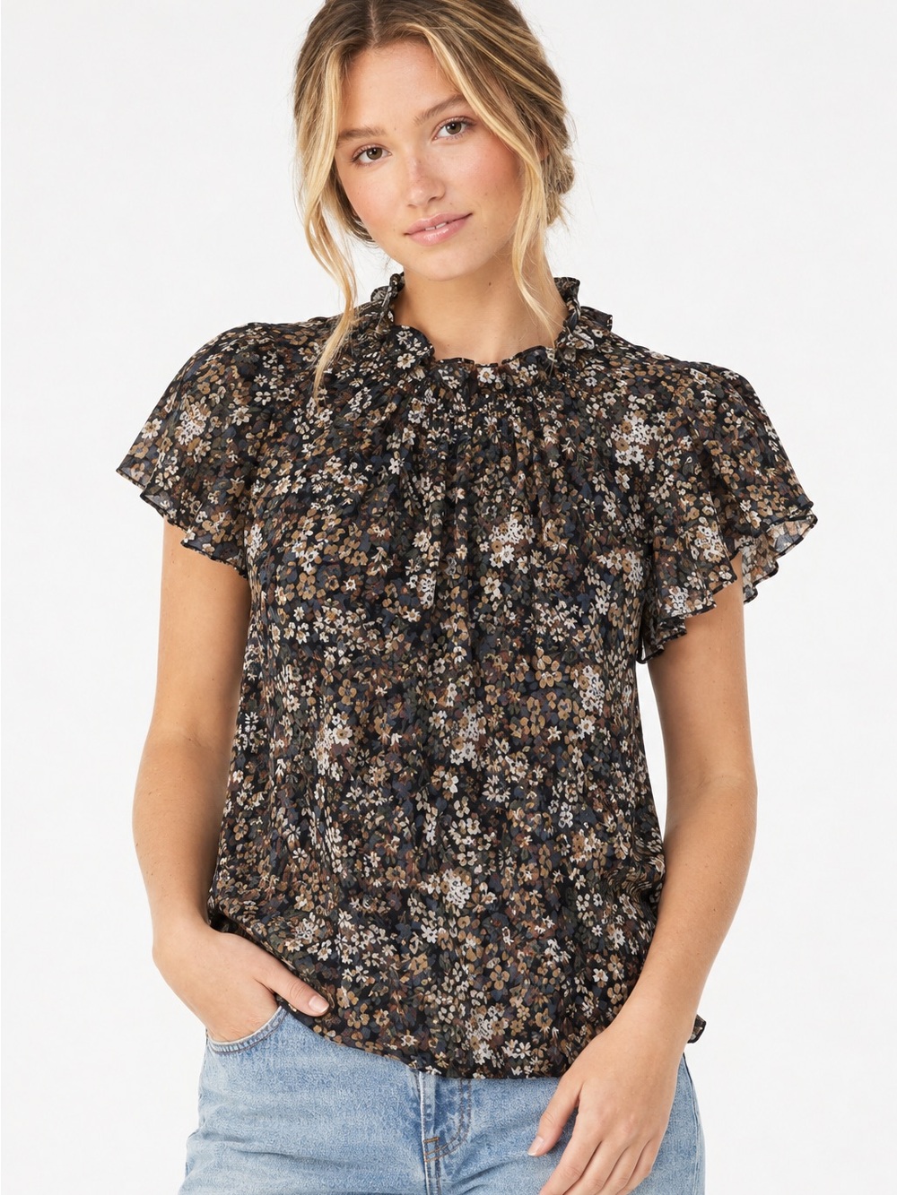 Time and Tru Black Floral Ruffled-Neck Blouse